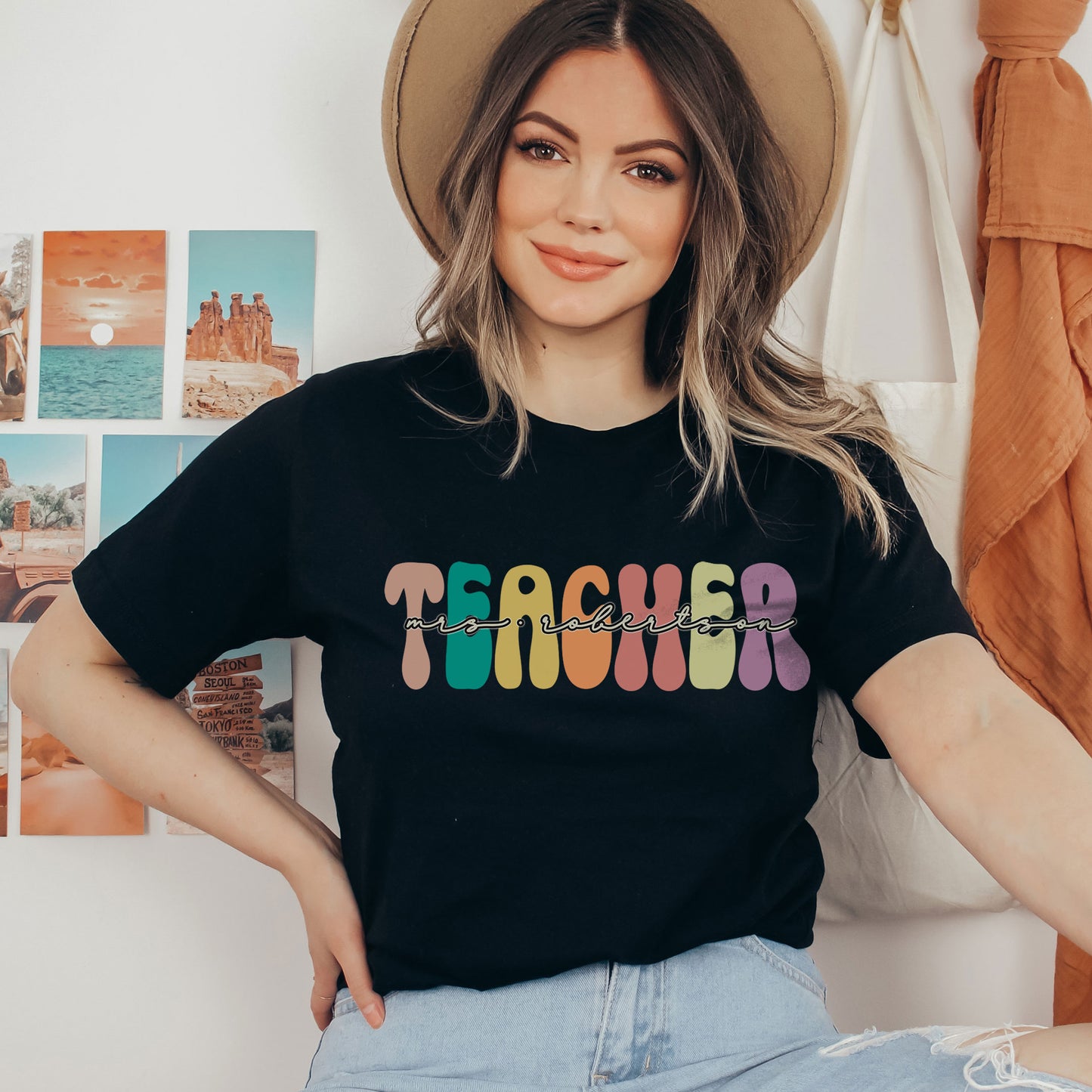 Custom Name Teacher Shirt, Personalized Boho Rainbow Teacher T-Shirt