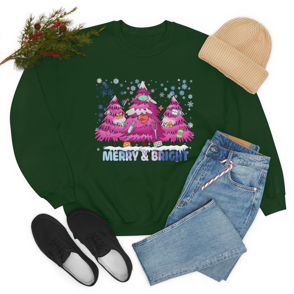 Merry And Bright Nurse Crewneck Sweatshirt, Pink Christmas Trees Snowflakes Christmas Gift