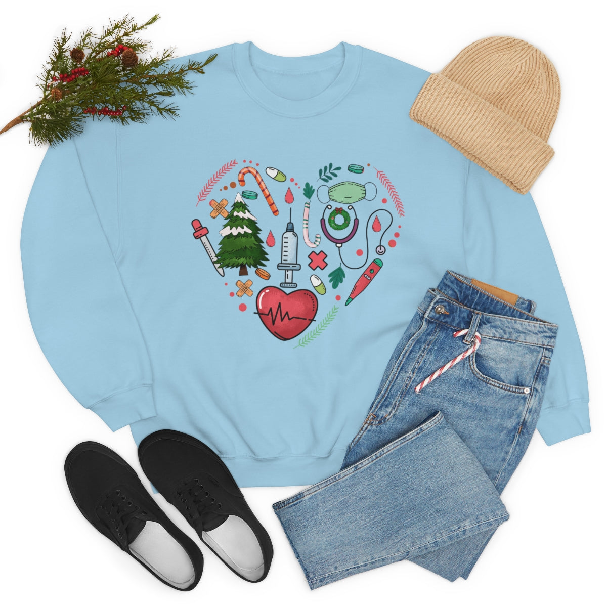 Heart Nurse Christmas Tree Crewneck Sweatshirt, Tools Pink Heart Christmas Gift