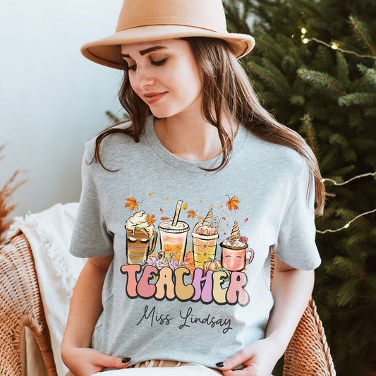 Custom Teacher Shirt Custom Fall Teacher Sweatshirt Personalized Name Teacher Coffee Sweater Gift For Elementary School Teacher Kindergarten