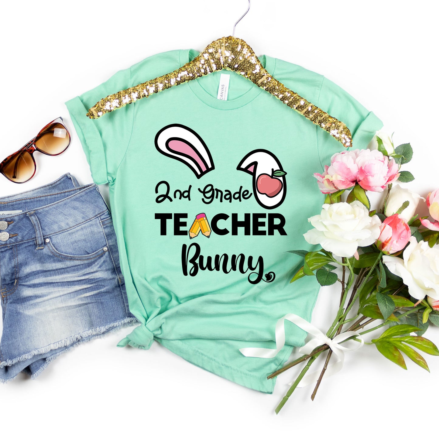 Second Grade Teacher Bunny Easter Shirt, Rabbit Ear Teaching Elementary 2nd Grd Cute Easter Tee Happy Easter Teacher Team Squad Crew T-Shirt