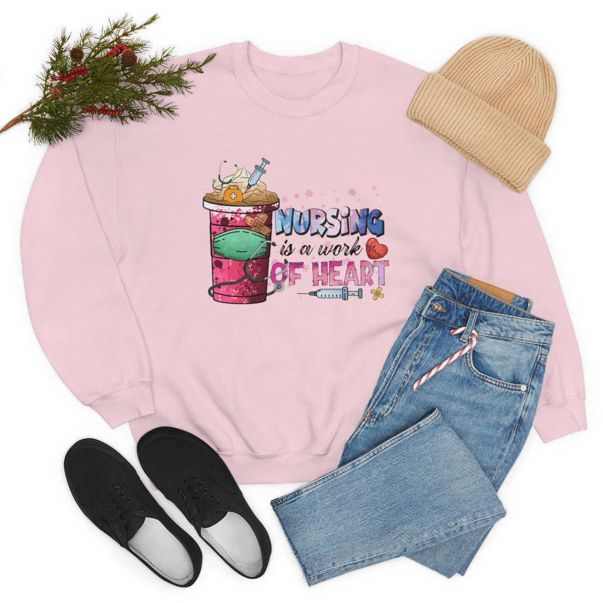Nursing Is A Work Of Heart Crewneck Sweatshirt, Coffee Nurse Pink Heart Christmas Gift