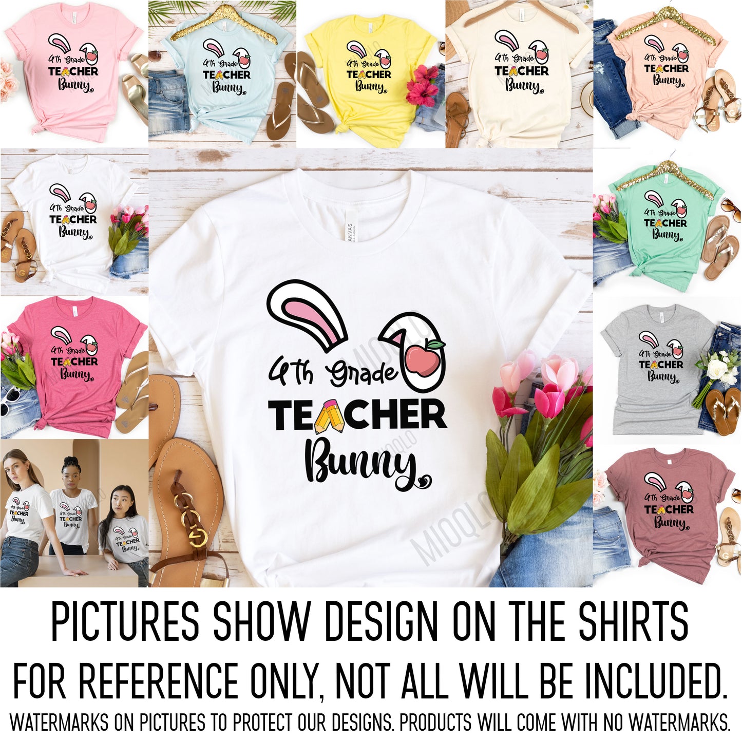 Fourth Grade Teacher Bunny Easter Shirt, Rabbit Ear Teaching Elementary 4th Grd Cute Easter Tee Happy Easter Teacher Team Squad Crew T-Shirt