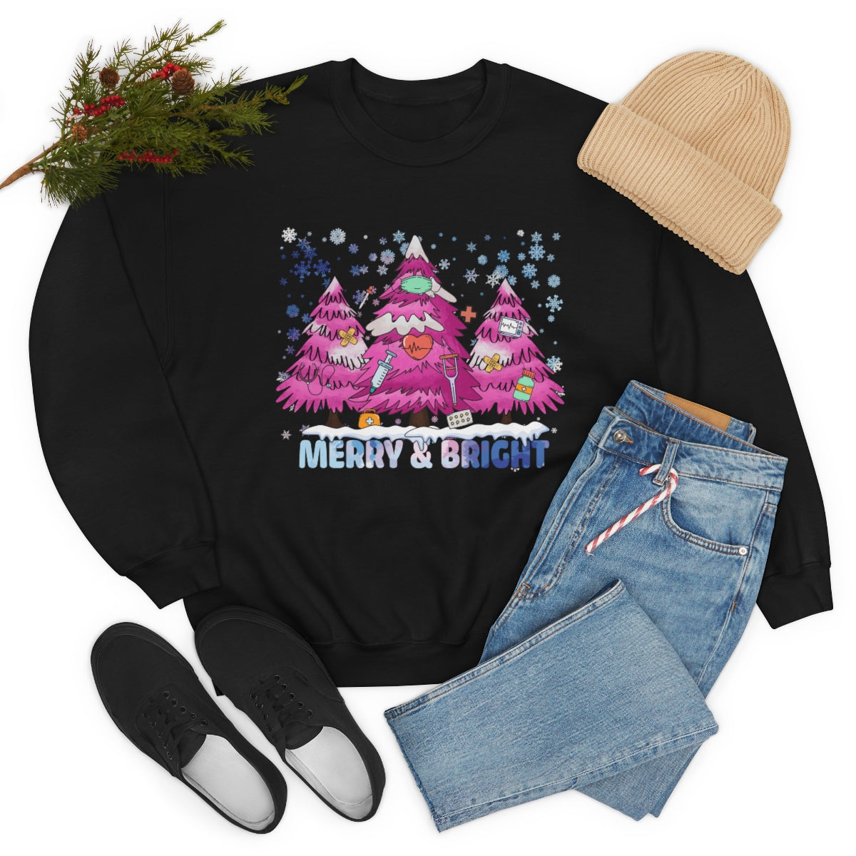Merry And Bright Nurse Crewneck Sweatshirt, Pink Christmas Trees Snowflakes Christmas Gift