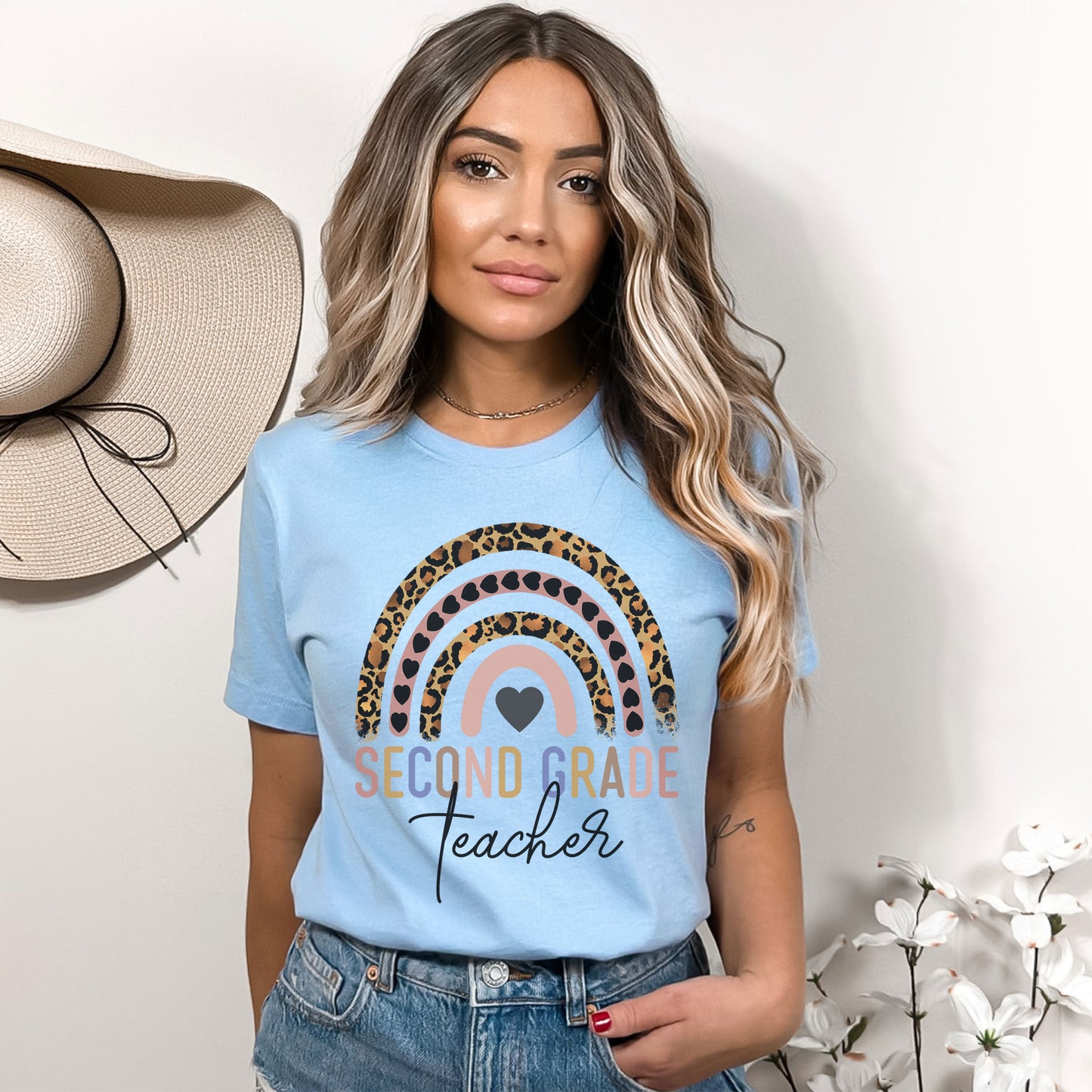 Second Grade Teacher, 2nd Grade Teacher Shirt, Boho Rainbow Leopard Teacher Tee, Gift For Teacher, Elementary Teacher, Hello Second Grade