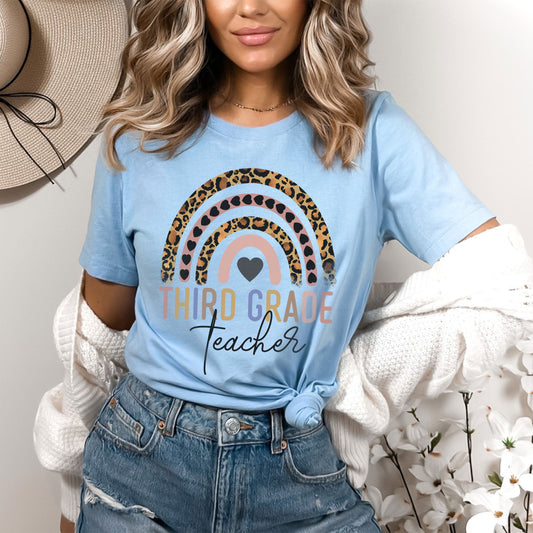 Third Grade Teacher, 3rd Grade Teacher Shirt, Boho Rainbow Leopard Teacher Tee, Gift For Teacher, Elementary Teacher, Hello Third Grade Tee