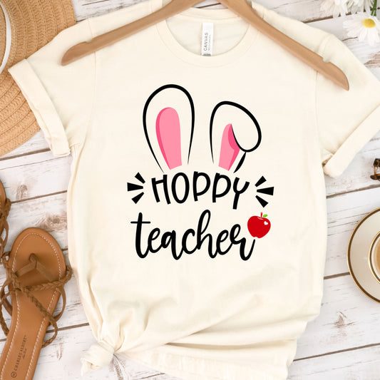 Hoppy Teacher Easter Shirt, Rabbit Ear Teaching Elementary School Hip Hop Cute Easter Tee, Happy Easter 3rd Grade PE Art Teacher Team Office
