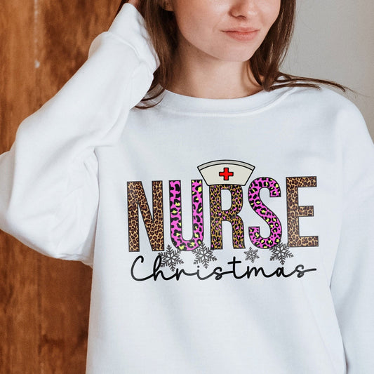 Merry Christmas Nurse Crewneck Sweatshirt, Leopard Print Nurse Hat Christmas Gift