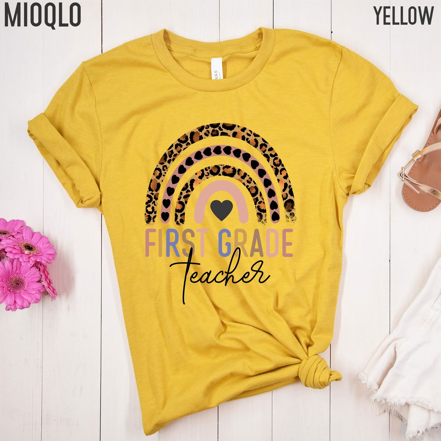 First Grade Teacher, 1st Grade Teacher Shirt, Boho Rainbow Leopard Teacher Tee, Gift For Teacher, Elementary Teacher, Hello First Grade Tee
