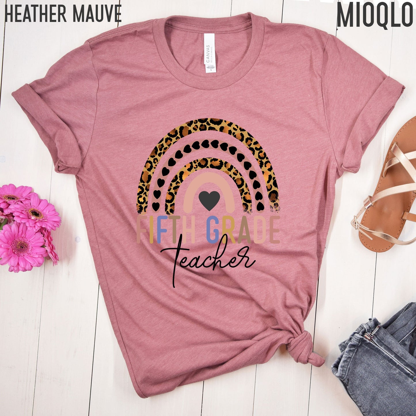 Fifth Grade Teacher, 5th Grade Teacher Shirt, Boho Rainbow Leopard Teacher Tee, Gift For Teacher, Elementary Teacher, Hello Fifth Grade Tee