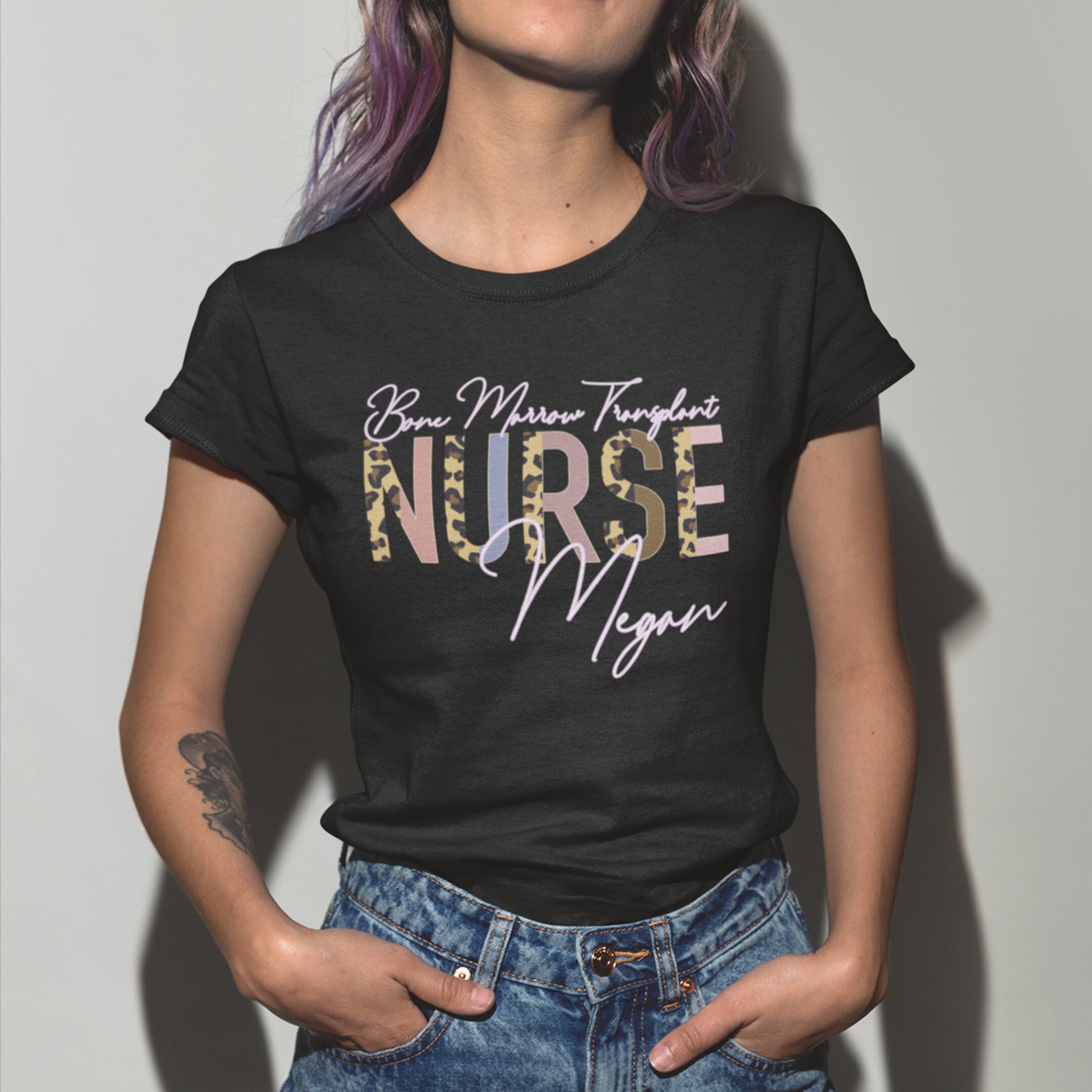 BMT Custom Name Nurse Shirts, Bone Marrow Transplant Personalized Nursing School, BMT Custom Name Shirt, Bmt Nurse Half Leopard Shirt, Gift