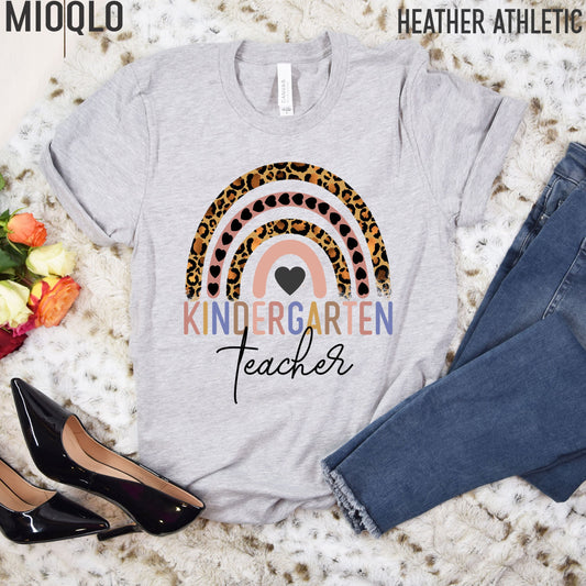 Kindergarten Teacher Shirt, Boho Rainbow Leopard  Kindergarten Teacher Tee, Gift For Kindergarten Teacher, Hello Kindergarten, Back School