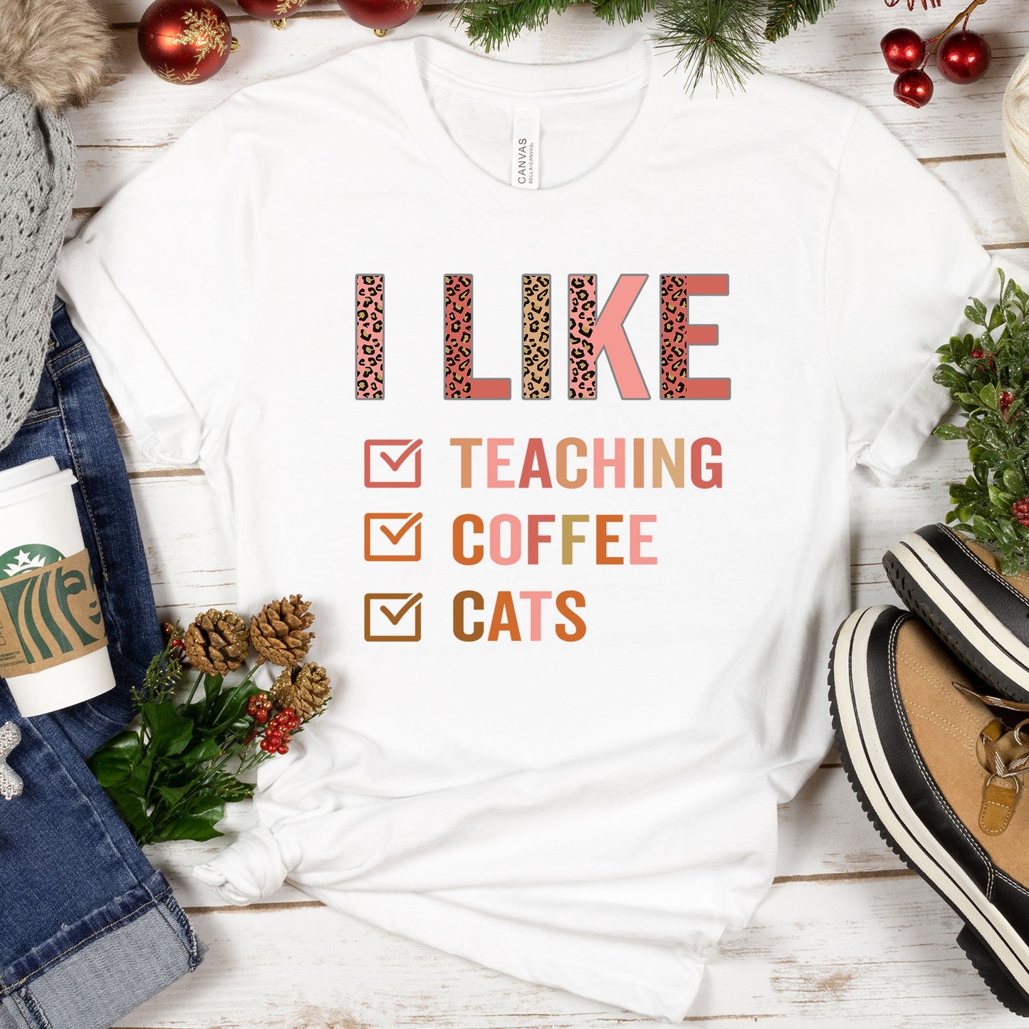 Custom Check Marks Lists Tee, I Like Teaching Coffee Cats Shirt, Cat Lover Shirt, Funny Cat Teacher Mom Shirt, Cat Lover Birthday Bday Gift
