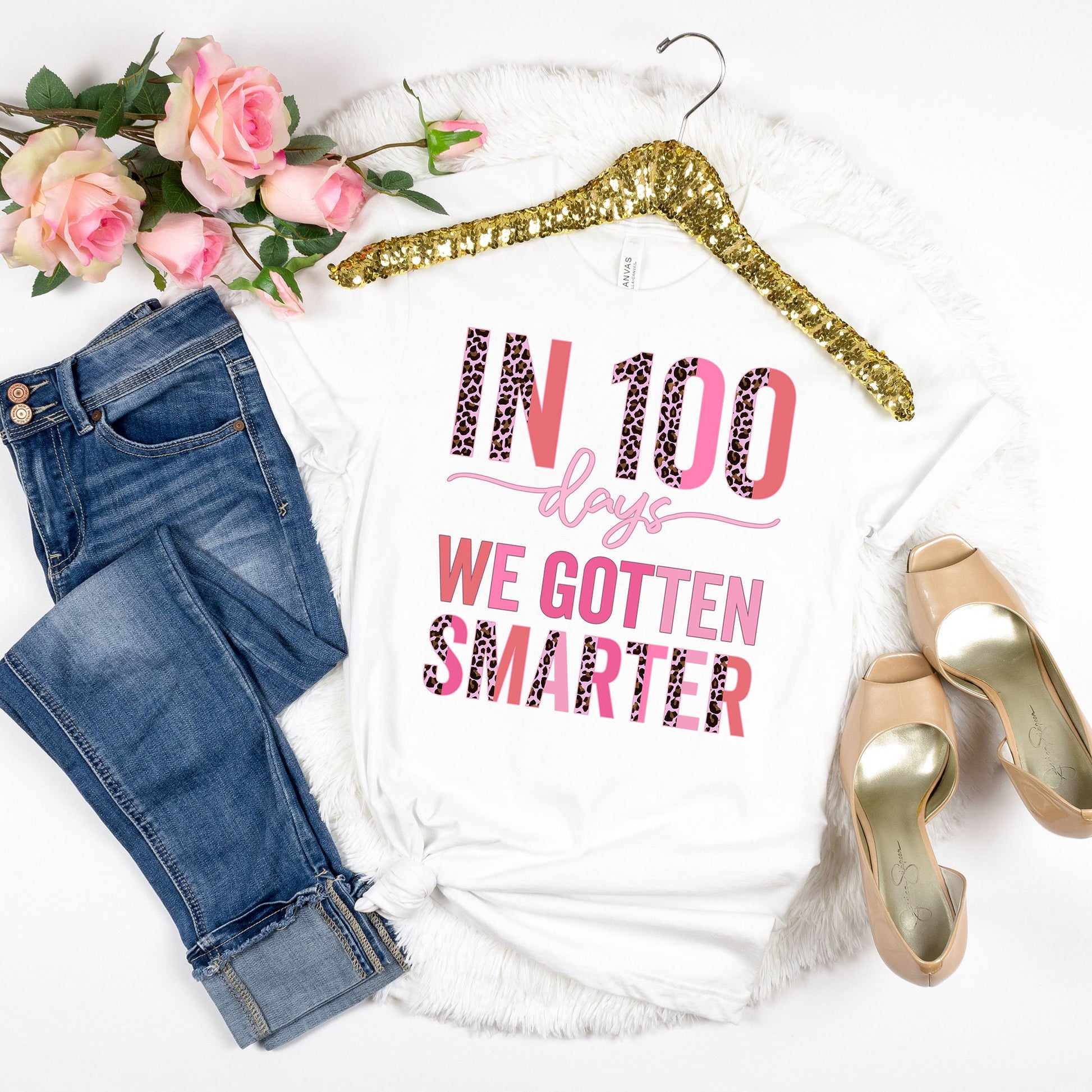 In 100 Days We Gotten Smarter Shirt, Valentines Day Teacher T-Shirt, Pink Leopard Teacher Tee, Elementary Teacher Gift, Admin Staff Office
