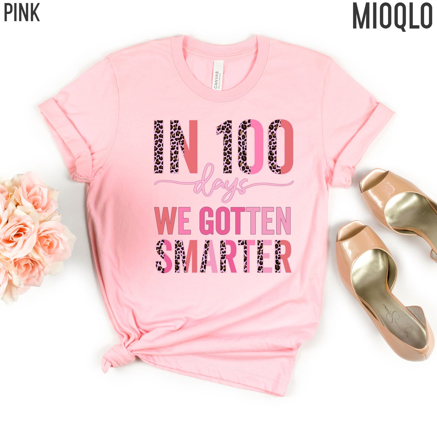 In 100 Days We Gotten Smarter Shirt, Valentines Day Teacher T-Shirt, Pink Leopard Teacher Tee, Elementary Teacher Gift, Admin Staff Office