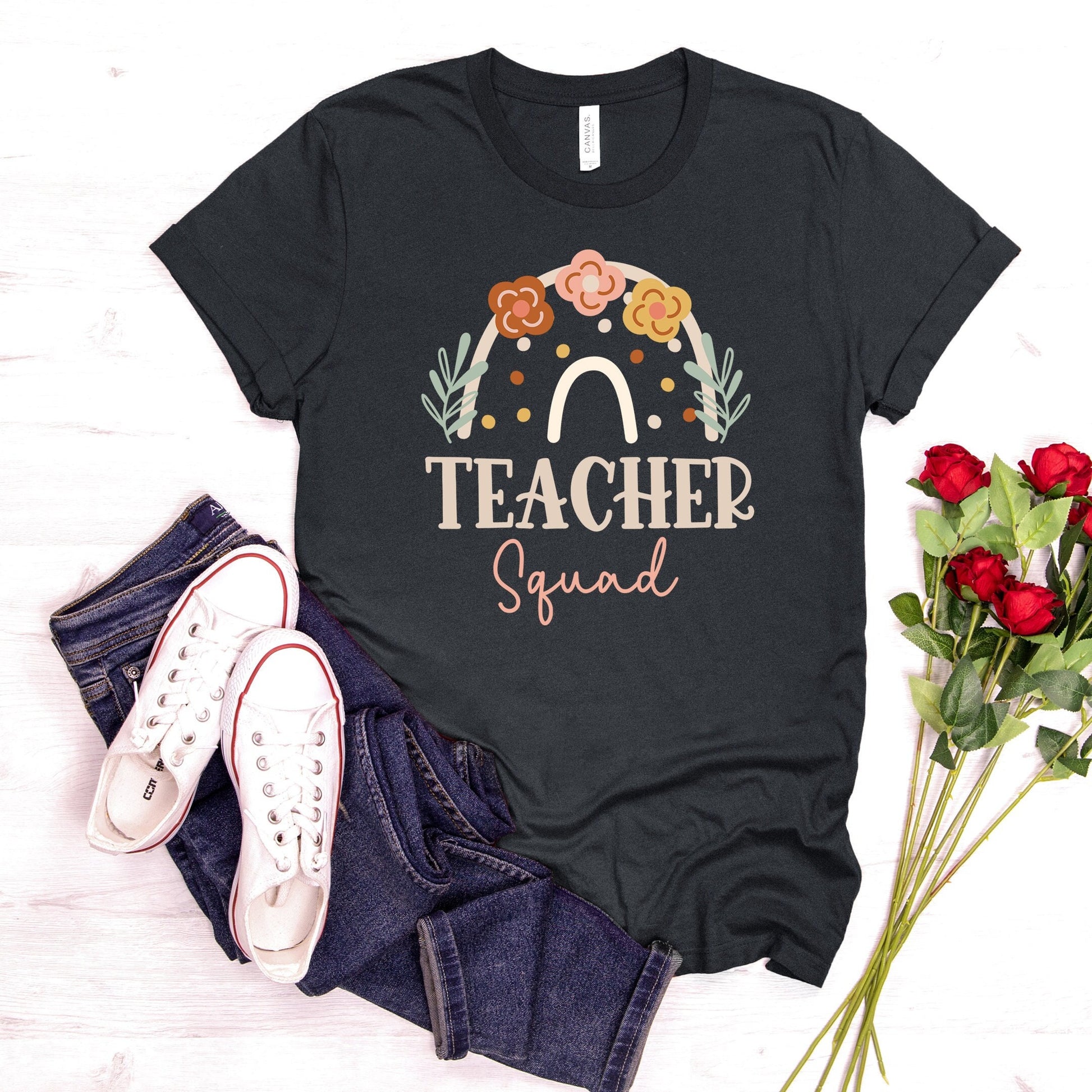 Teacher Squad Flower Shirt, Future Teacher Rainbow T-Shirt, School Elementary Valentines Day Gift, Admin Staff Office Middle School Team Tee