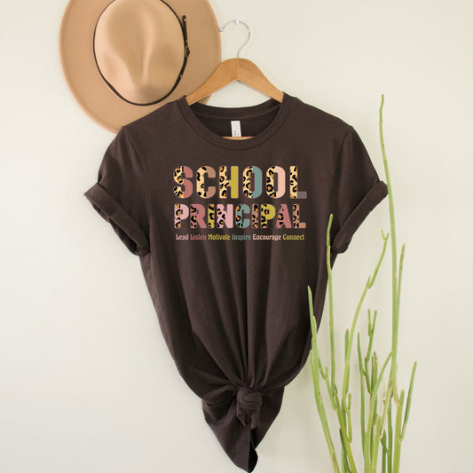 School Principal Boho Bohemian Leopard School T-Shirt Admin Office Leader Director Elementary Middle High School Team Squad Birthday Gifts