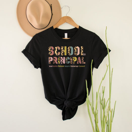 School Principal Boho Bohemian Leopard School T-Shirt Admin Office Leader Director Elementary Middle High School Team Squad Birthday Gifts