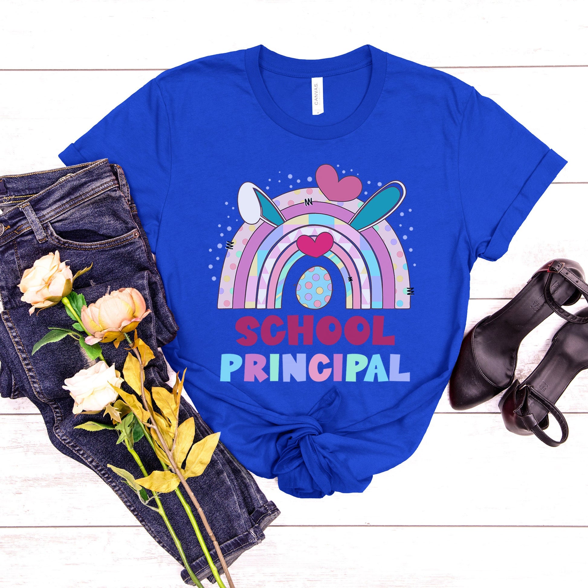 School Principal Easter Shirt, Principal Team Easter Shirt Admin Office Group Rainbow Bunny Ear Easter Tee Matching Director Super Intendent