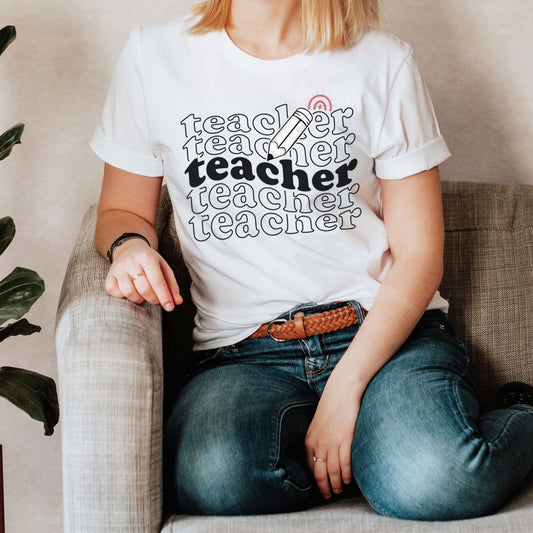 Teacher Shirt, Repeated Teacher Text Design, Rainbow Teacher Shirt, Pencil TK Preschool Elementary Daycare Teachers Team, Teacher Squad Tee