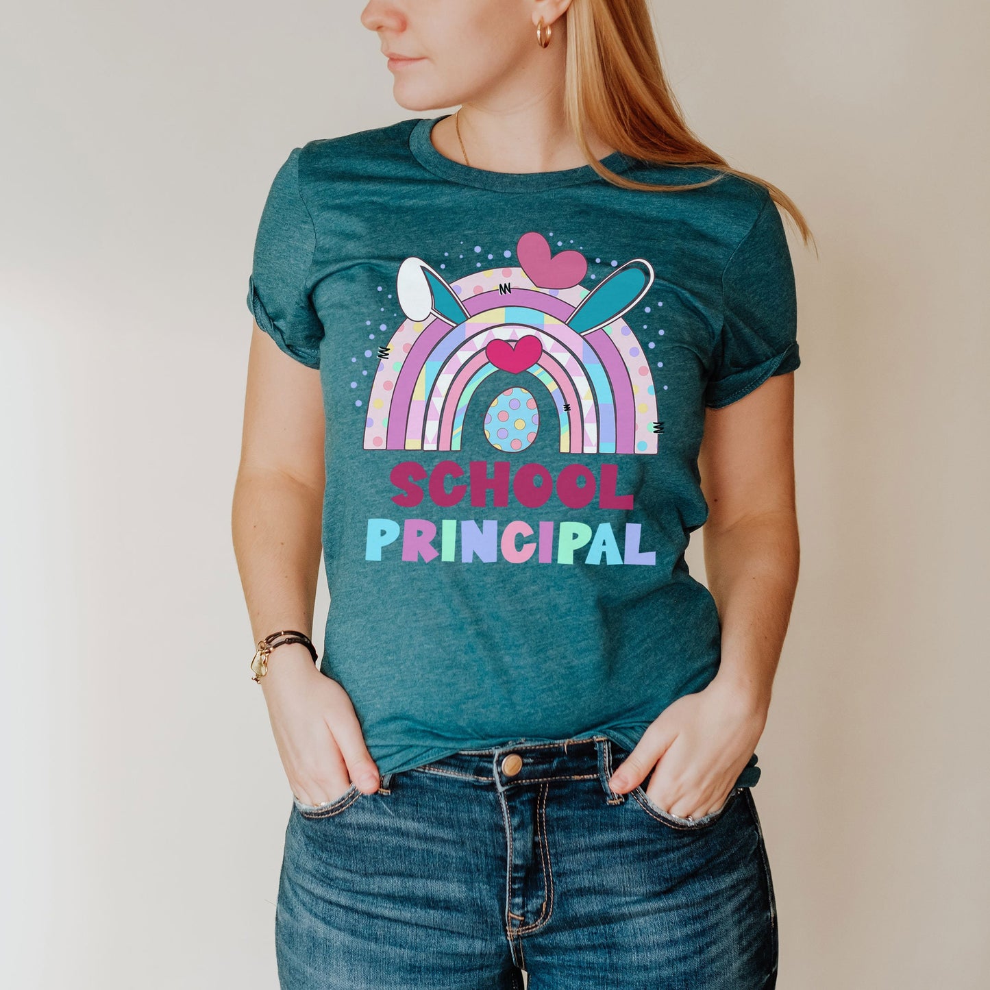 School Principal Easter Shirt, Principal Team Easter Shirt Admin Office Group Rainbow Bunny Ear Easter Tee Matching Director Super Intendent