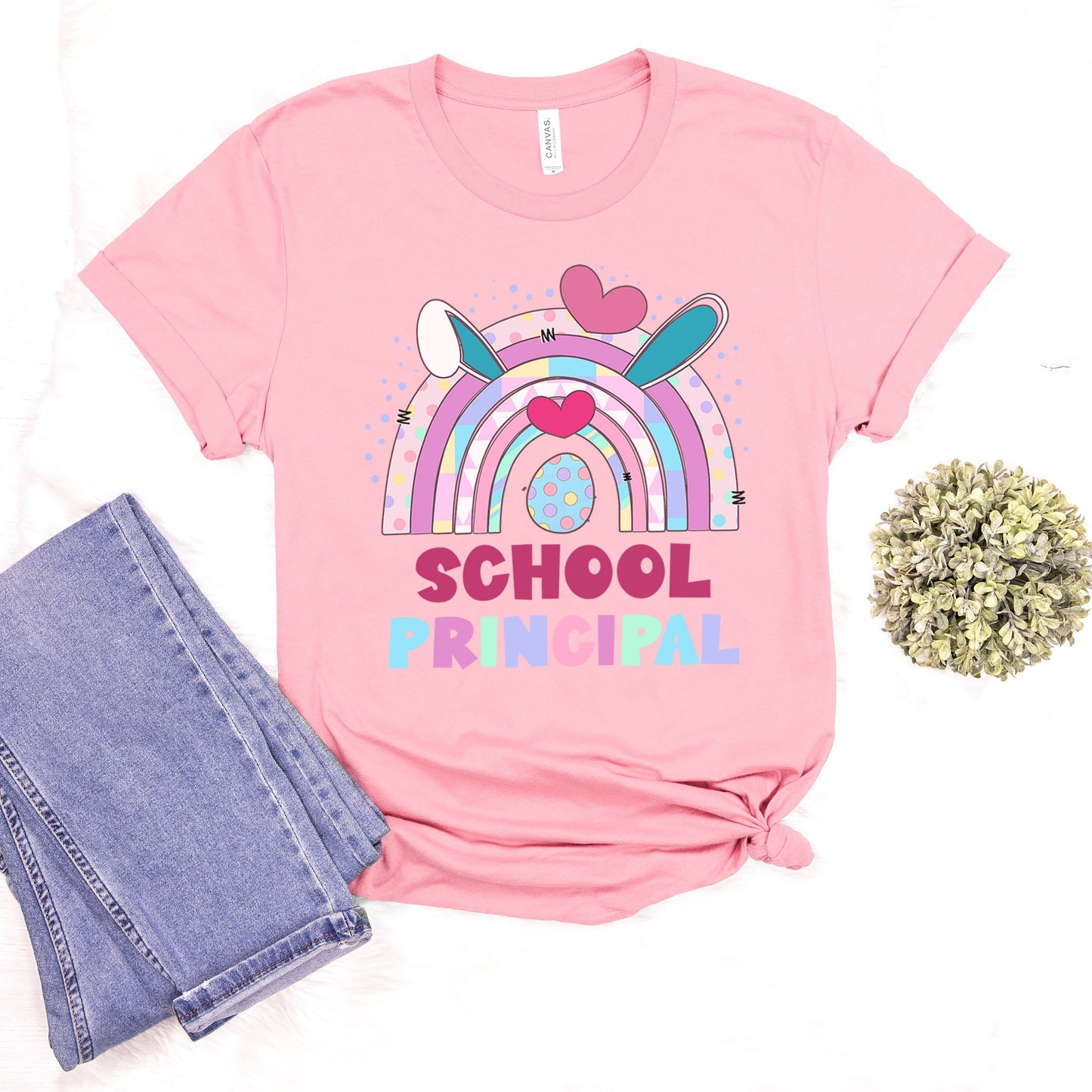 School Principal Easter Shirt, Principal Team Easter Shirt Admin Office Group Rainbow Bunny Ear Easter Tee Matching Director Super Intendent