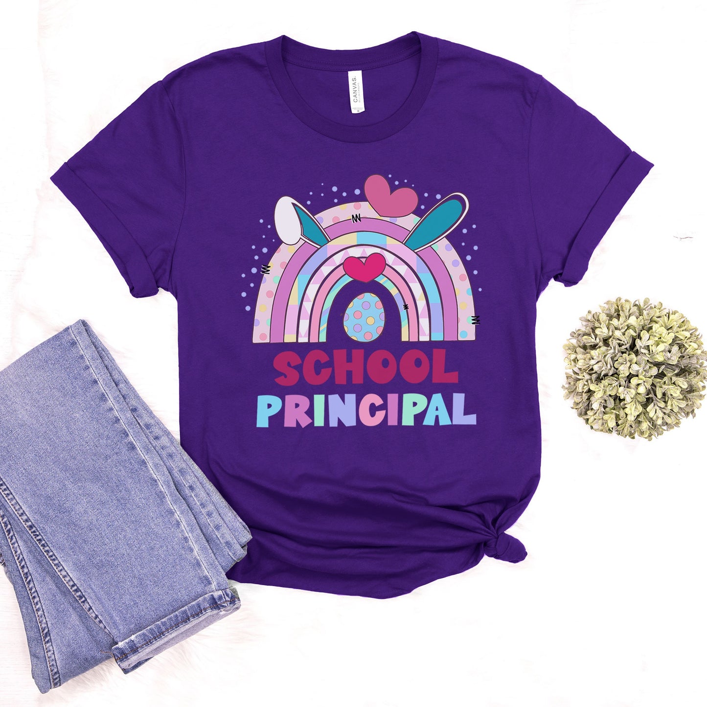 School Principal Easter Shirt, Principal Team Easter Shirt Admin Office Group Rainbow Bunny Ear Easter Tee Matching Director Super Intendent