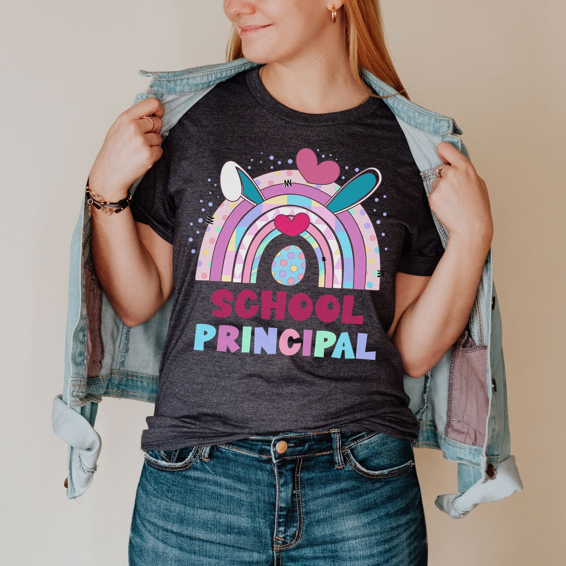 School Principal Easter Shirt, Principal Team Easter Shirt Admin Office Group Rainbow Bunny Ear Easter Tee Matching Director Super Intendent