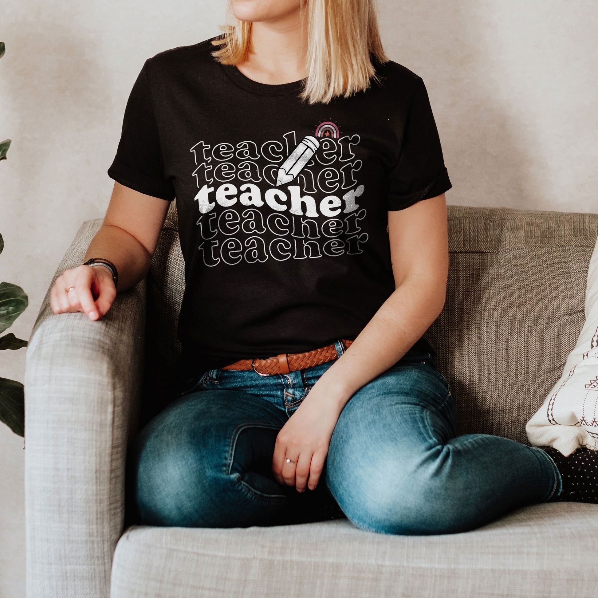 Teacher Shirt, Repeated Teacher Text Design, Rainbow Teacher Shirt, Pencil TK Preschool Elementary Daycare Teachers Team, Teacher Squad Tee